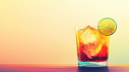 Refreshing cocktail with ice, a slice of lime, and a vibrant sunset background.