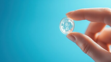 contact lens held between fingers on blue background