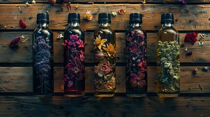 Fototapeta premium 5 bottles of essential oils with dried flowers 