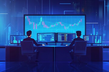 Professional Financial Data Analysts Working in a Modern Monitoring Office with Live Analytics Feed on a Big Digital Screen. Monitoring Room with Finance Specialists Sit in Front of Computers.