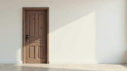 Fototapeta premium Sunlit Room Featuring a Closed Wooden Door and Neutral Walls