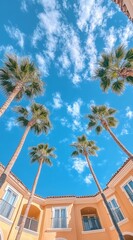 Fototapeta premium low angle view, palm trees, blue sky and hotel on exotic destination. Summer vacation and leisure concept