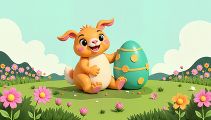 Obraz premium Cheerful cartoon bunny character sitting next to a decorated Easter egg in a colorful meadow