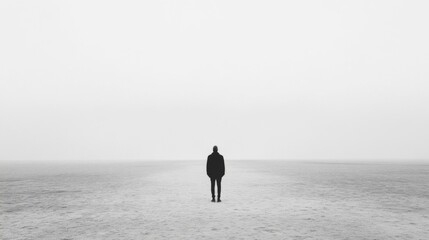 Solitary figure on foggy plain, minimalist scene, uncertainty concept, website banner