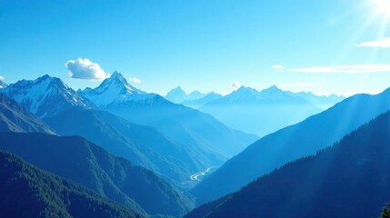 Fototapeta premium Serene Panorama of Majestic Mountains Under a Clear Azure Sky, Featuring a Winding Road Through a Valley