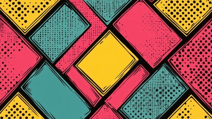 Abstract geometric pattern with colorful squares and textures.
