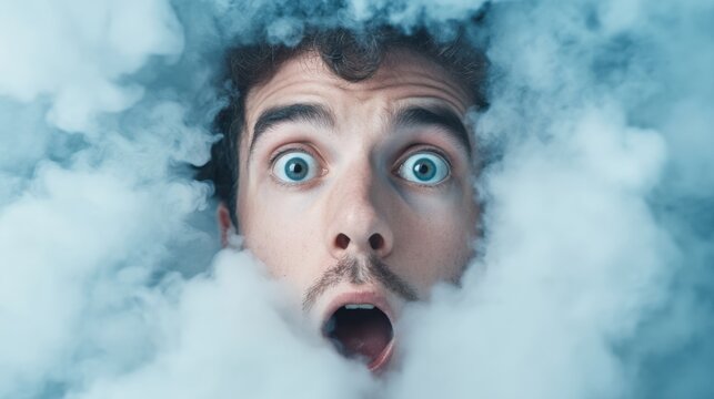 man emerging from smoke with shocked expression
