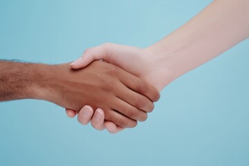 a handshake between two individuals against a blue backdrop