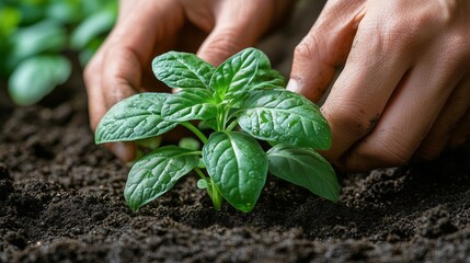 Gardener planting young green seedlings in rich dark soil on a sunny day in a garden area