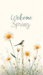 Welcome spring with blooming flowers and a bird perched gracefully in a vibrant garden setting