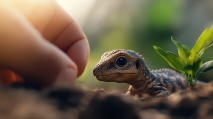 Obraz premium A hand reaches out gently towards a small lizard resting on soil near a tiny green plant, showcasing a peaceful interaction in a vibrant outdoor environment