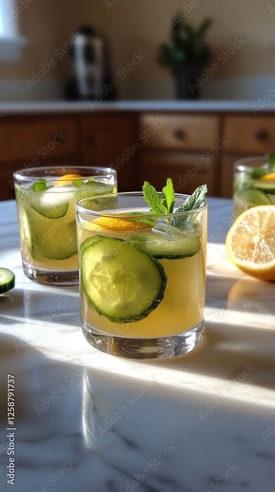 Poster Refreshing cucumber lemonade served in glasses on a marble countertop during daytime