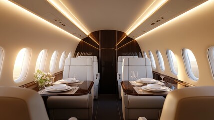 Inside a lavish private jet, a sophisticated dining area features elegant table settings and plush seating, illuminated by soft ambient lighting, suggesting a serene evening journey