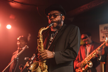 Musician performs with passion, saxophone in hand, under the spotlight. A soulful melody fills the venue, captivating the audience in a jazz performance.