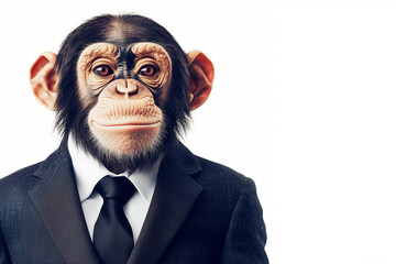Portrait of a chimpanzee in a formal suit, copyspace