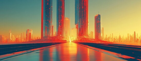 Futuristic skyline at sunset with glowing towers and reflective water, city life below