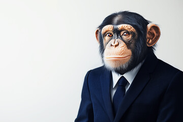 Portrait of a chimpanzee in a formal suit, copyspace