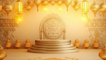 Elegant Golden Stage Decorated with Intricate Lanterns and Patterns Ideal for Festive Events