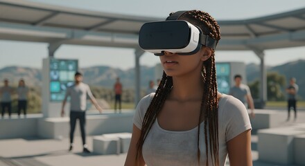 African american woman wearing virtual reality headset in futuristic outdoor setting. Metaverse experience. VR technology for immersive digital worlds