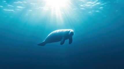 Naklejka premium In a tranquil underwater setting, a manatee glides effortlessly through the crystal-clear blue water while sunlight streams down from the surface, creating a serene atmosphere