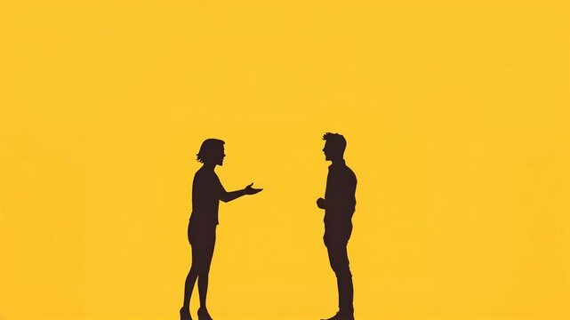 illustration of a verbal argument. silhouette of woman and men blaming each other. with question mark sign in the beginning. isolated on yellow background