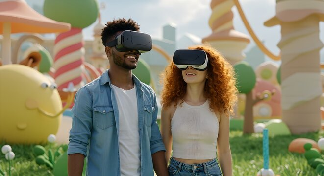 Couple exploring virtual reality in colorful metaverse park. African american man and woman with vr headsets. Immersive digital entertainment concept.