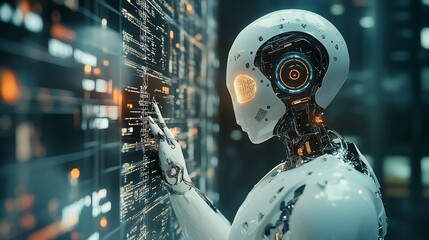 Robot coding data, futuristic city backdrop