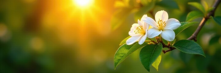 Fototapeta premium Golden hour illuminates fragrant jasmine blossoms, lush green leaves , white, botanical, twilight