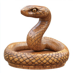 Fototapeta premium Realistic wooden snake sculpture, intricately carved coiled serpent, detailed scales, lifelike eyes, smooth polished wood texture, natural wood grain, artistic craftsmanship, striking pose.