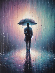 man with an umbrella outside in rainy weather, image in oil painting style