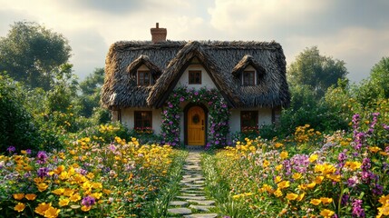 A charming cottage nestled in a vibrant flower garden. AI.