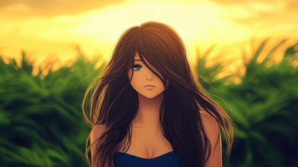 Fototapeta premium A young woman with flowing dark hair gazes thoughtfully into the distance, surrounded by lush green foliage as the sun sets, creating a warm glow in the sky