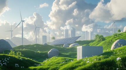 Green city with wind turbines and solar panels on a hill.