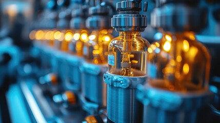 Factory Production Line, Glass Vessels, Yellow Liquid, Industrial Setting, Beverage Manufacturing