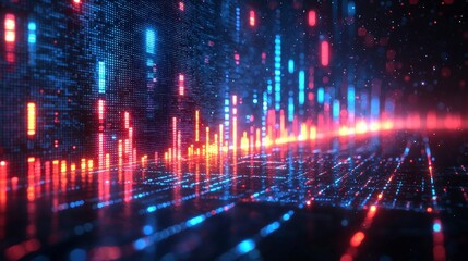 Obraz premium A visually stunning landscape created with illuminated red and blue lights that showcase the beauty and complexity of data flowing through a digital environment in motion.