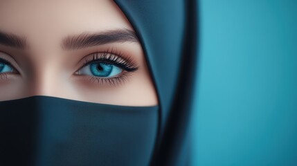 Naklejka premium A woman with striking blue eyes gazes intently. She wears a black hijab, creating a beautiful contrast with the smooth, blue backdrop that enhances her captivating expression