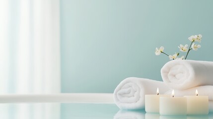 Softly lit spa environment featuring rolled white towels stacked beside candles and delicate flowers. This serene setting invites relaxation and tranquility