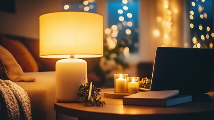 Softly lit evening workspace with a lamp, candles, and a laptop in a peaceful ambiance.