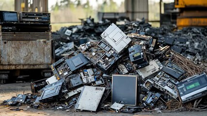 Large heap of old electronics piled high in an industrial area, showcasing the importance of recycling and electronic waste management