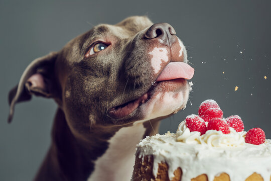 The dog licks the cake from the plate