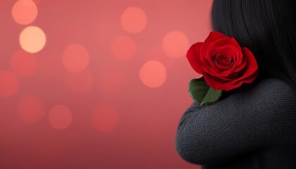 A person hugs themselves while holding a red rose, surrounded by warm, soft lights