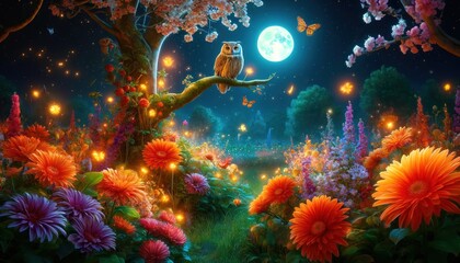 fairy tale fantasy garden with an owl on a tree among strange flowers at night in a mystical mysterious light