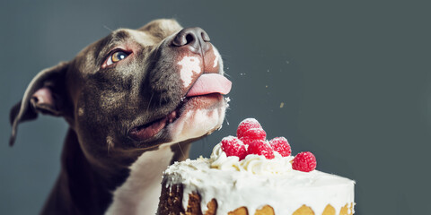 The dog licks the cake from the plate