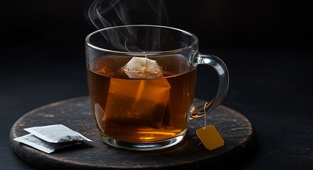 Tea bag in glass cup with hot drink on gray table, closeup