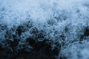 sparkling frozen snow crystals on wet asphalt macro photography