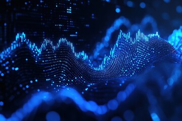 Perspective view of stock market growth, business investing and data concept with digital financial chart graphs, diagrams and indicators on dark blue blurry background. 3D rendering
