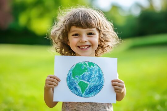 Happy child holding Earth drawing outdoors