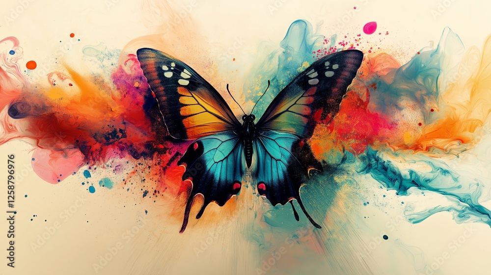 Poster An abstract rendition of a butterfly emerging from an explosion of ink splashes