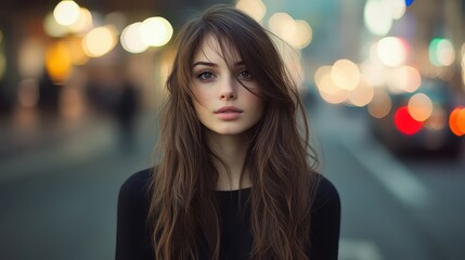 Fototapeta premium A young woman with flowing hair stands in the middle of a busy city street, surrounded by blurred lights and bustling activity, conveying a sense of confidence and urban life at dusk