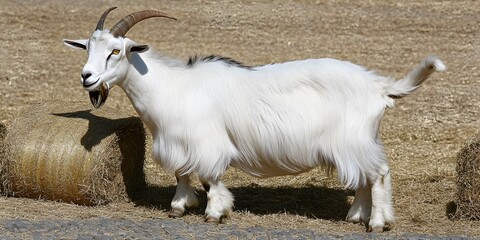 Obraz premium Fluffy White Goat in Hayfield Farm Animal